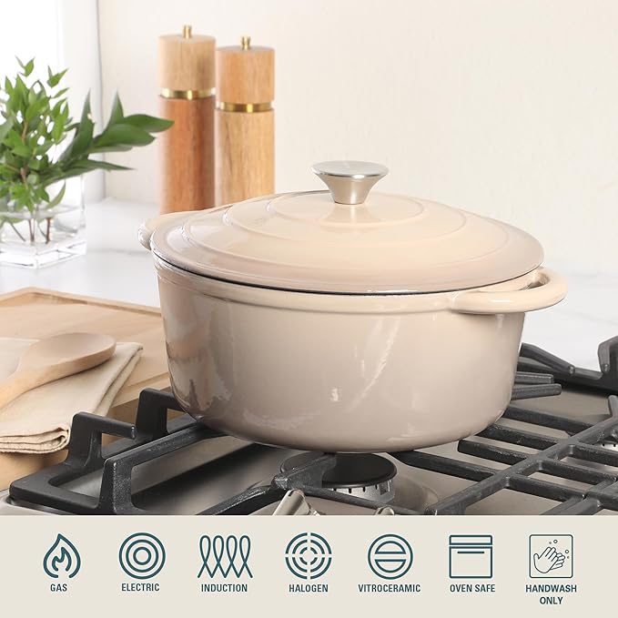 Gibson Home Addlestone 5 Qt Enameled Cast Iron Dutch Oven Pot with Lid – Round, Oven Safe to 500°F, Ideal for Bread Baking & Stews - Gradient Taupe