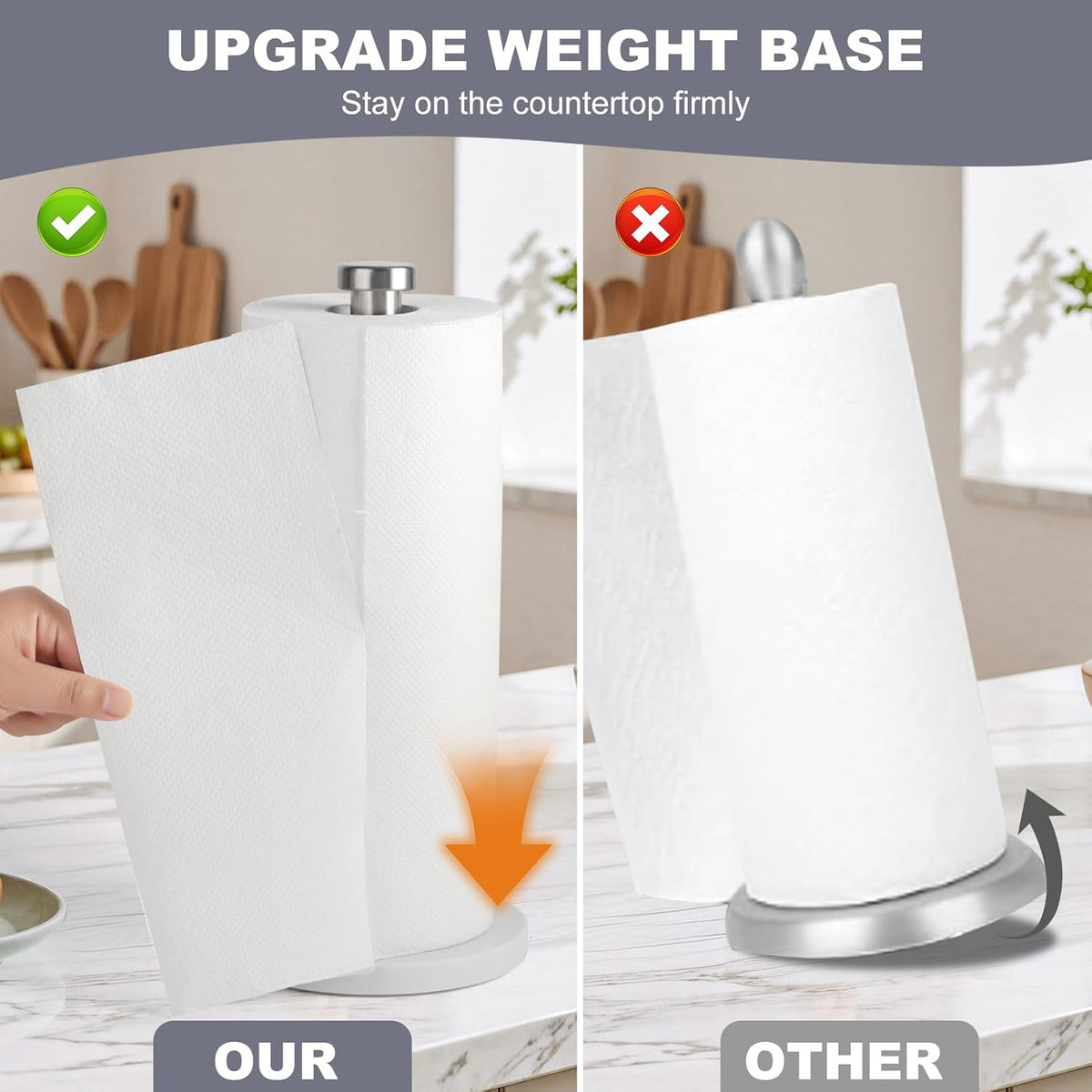 Standing Paper Towel Holder, Kitchen Paper Towel Roll Holder- for Bathroom Kitchen Countertop with Weighted Marble Base for One-Handed Operation (Silver), Silver Paper Towel Holder