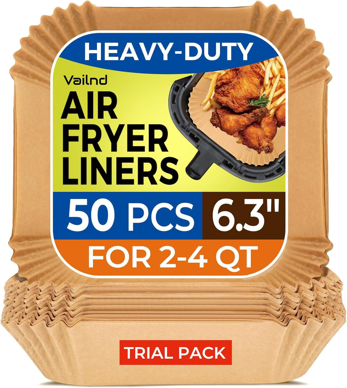 Air Fryer Paper Liners, 50 PCS Air Fryer Liners Disposable, 6.3" Square Parchment Paper Sheets for 2-4 qt Airfryer Basket, Non-stick and Oil Proof Baking Liner for Oven, Pans