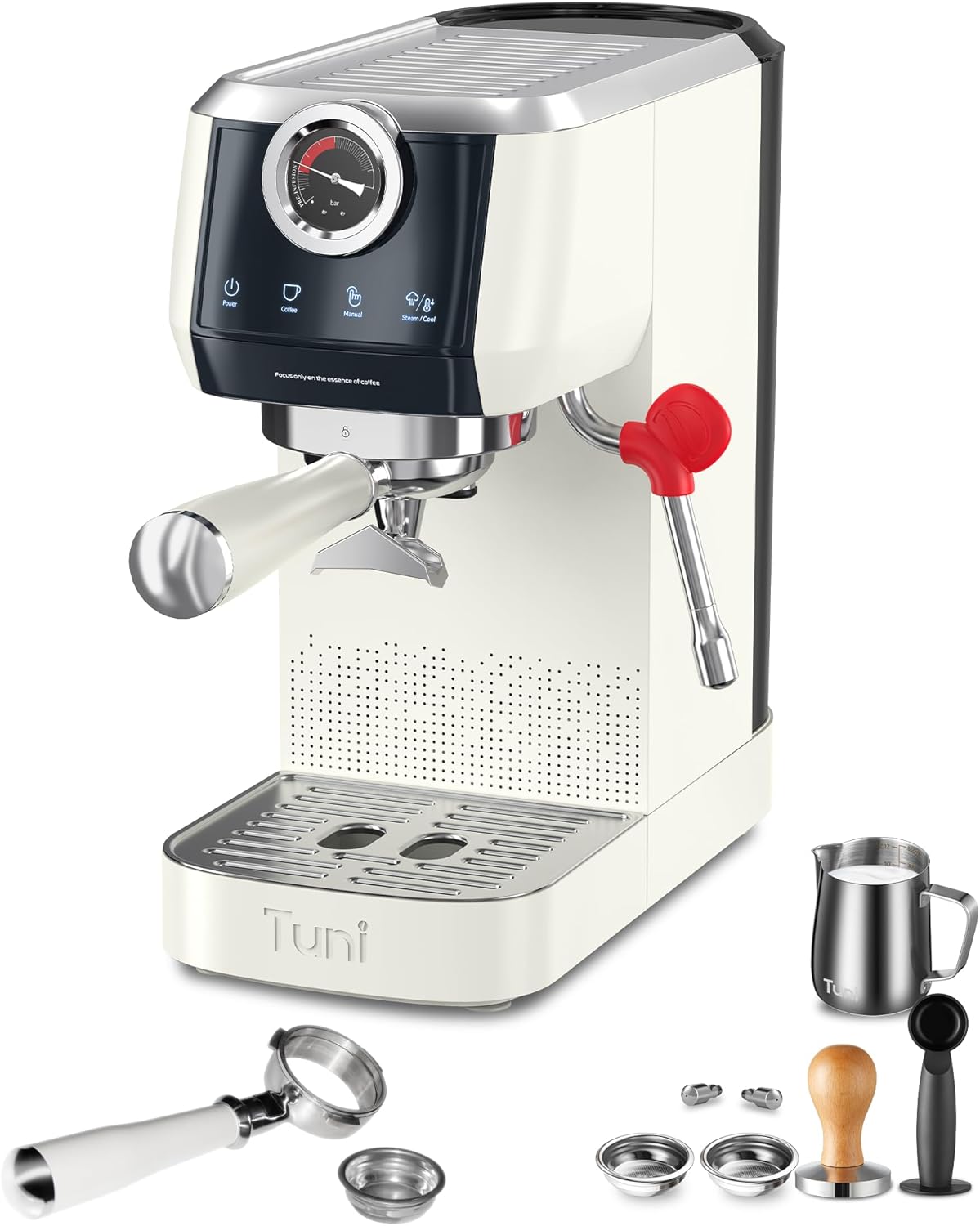 Tuni E2 58mm Espresso Machine with Bottomless Portalfilter Combo Set, 58mm Stainless Steel Bottomless Portalfilter, Dual Boiler System Espresso Maker