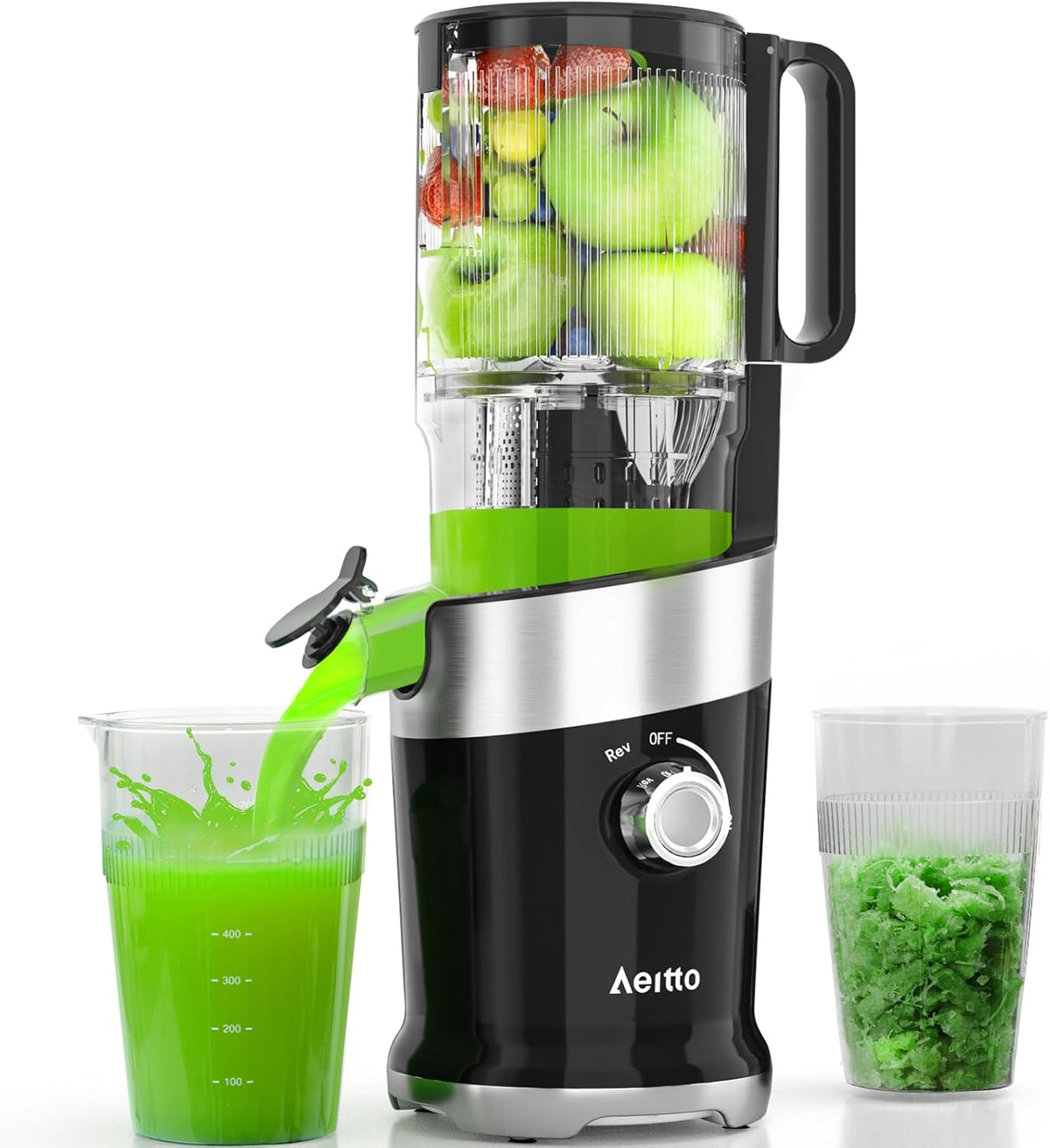 Aeitto Cold Press Juicer, Juicer Machines with 4.9" Large Feed Chute, Fits Whole Vegetables and Fruits, Professional Juice Maker, Easy to Clean, High Juice Yield, Easy to Assemble,Black