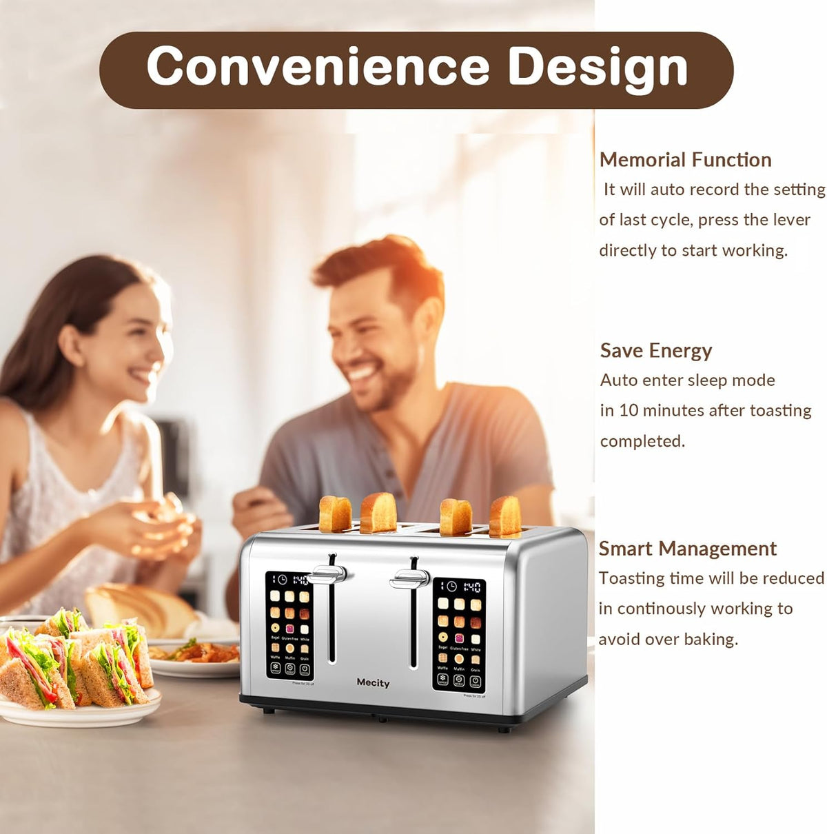 Mecity 4 Slice Toaster with Touch Screen Control, 4 Wide Slots, Stainless Steel Smart Bread Toaster for Bagels, Muffins, Waffles, Dual Control Panel, Timer, Defrost, Reheat, 120V 1650W