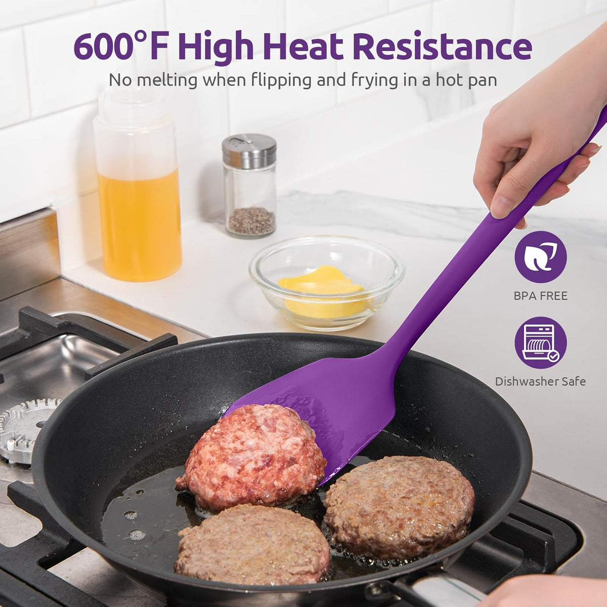 600ºF Heat Resistant Silicone Turners: U-Taste 13.6in Long Solid & Slotted Kitchen Spatula Flipper, Large Flexible Cooking Utensil for Flipping Egg, Pancake in Nonstick Cookware(Purple, 2PCS)