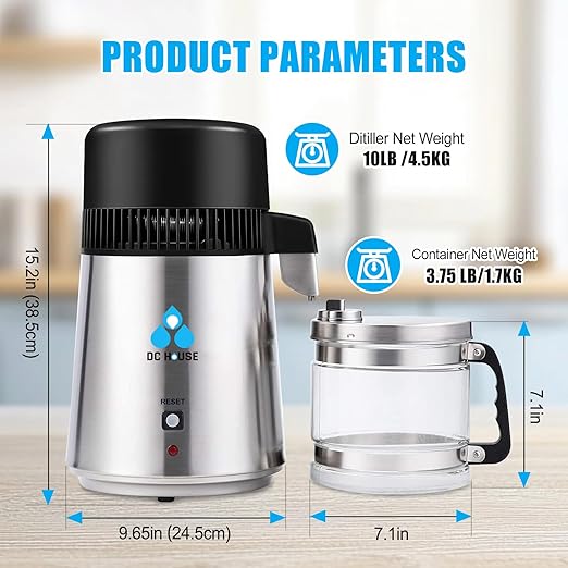 DC House Distilled Water Machine 1 Gallon, Stainless Steel Water Distiller for Home Countertop 110V 750W Purifier for Humidifier Office CPAP with Smart Switch, Glass Pot