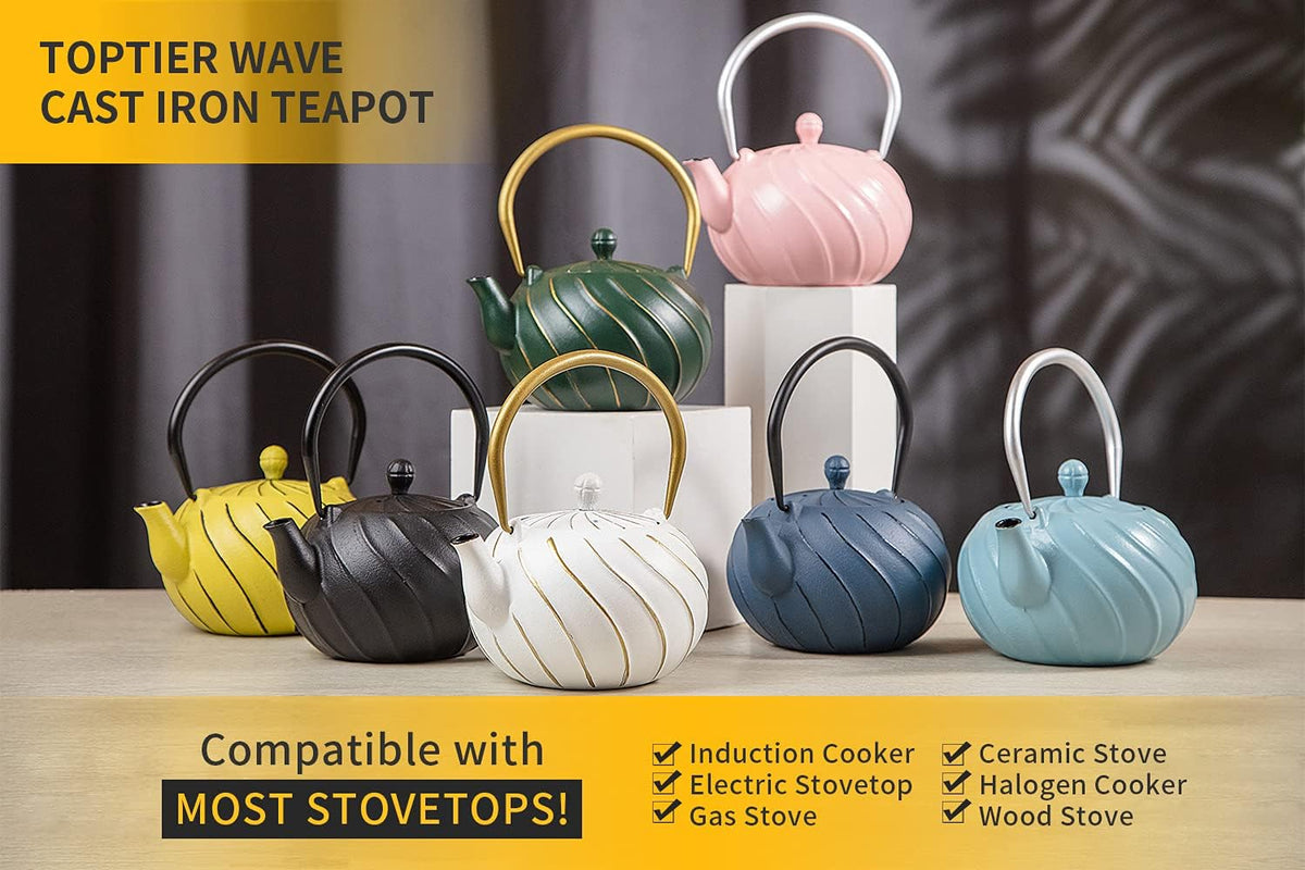 TOPTIER Japanese Cast Iron Teapot with Infuser, Stovetop Safe Teakettle, Wave Design, Enameled Interior, 30 oz (900 ml), Green
