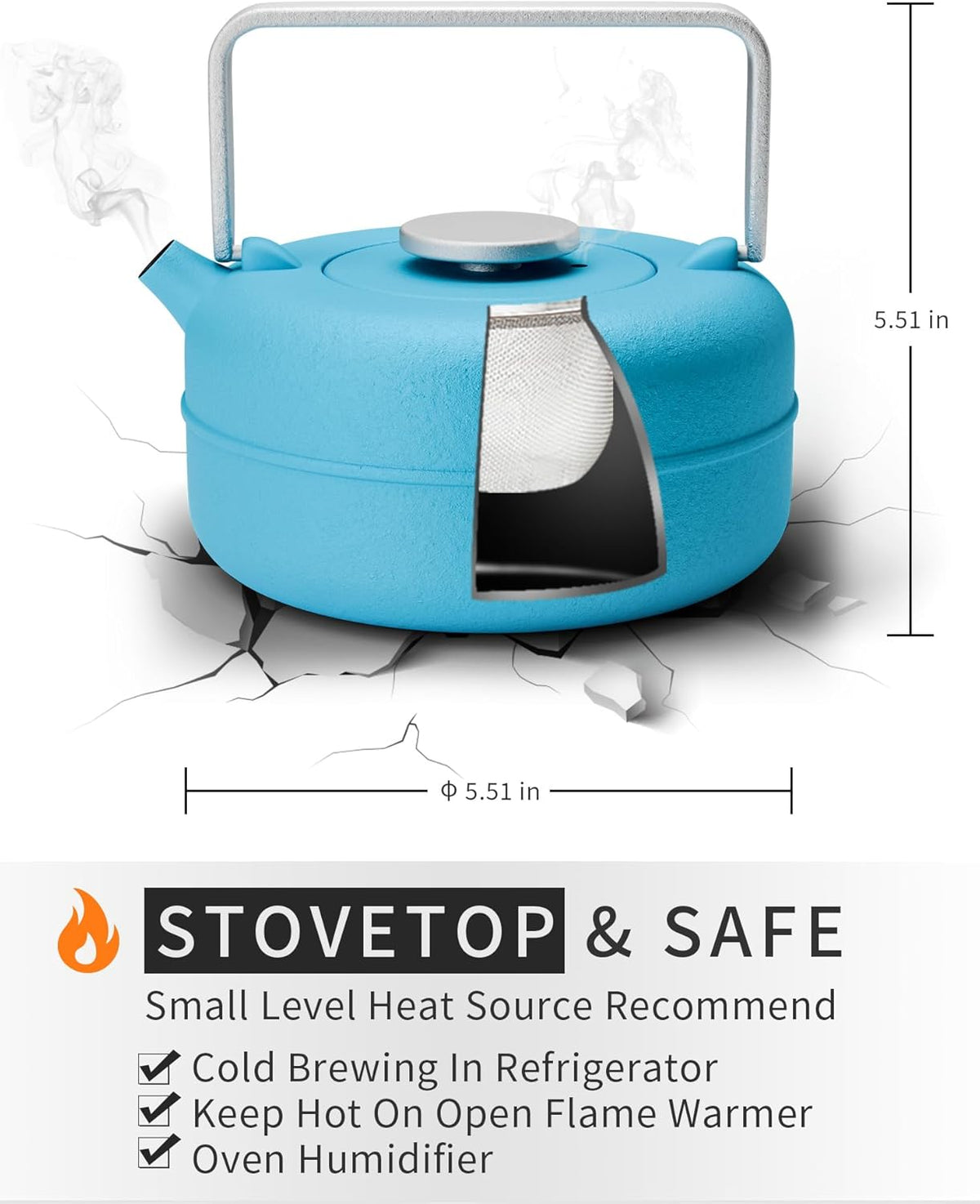 Toptier Teapot with Removable Infuser, Cast Iron Tea Kettle Stovetop Safe, Solid Geometry Cylinder Design Tea Pot Coated with Enameled Interior for 27 Ounce (800 ml), Blue