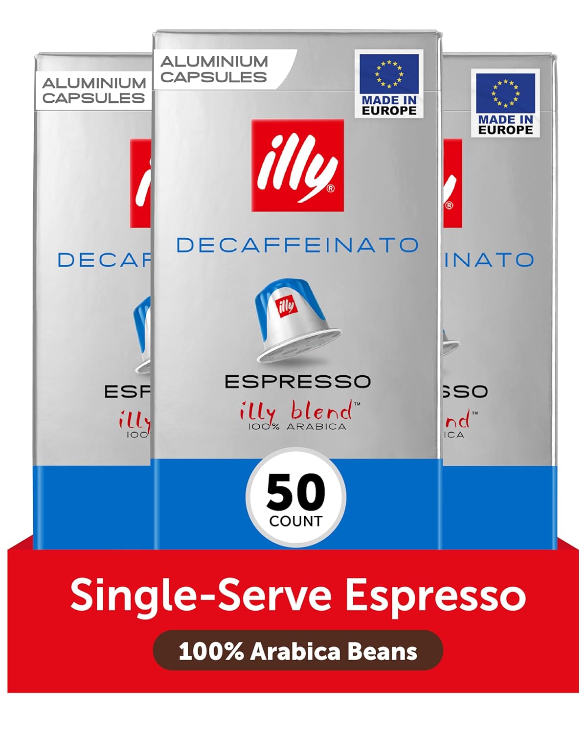 illy Aluminum Espresso Capsules - Compatible with Nespresso Machines - Decaf Coffee - Mild & Balanced - Notes of Caramel and Chocolate - Single Serve Capsules - 10 Count (Pack of 5)
