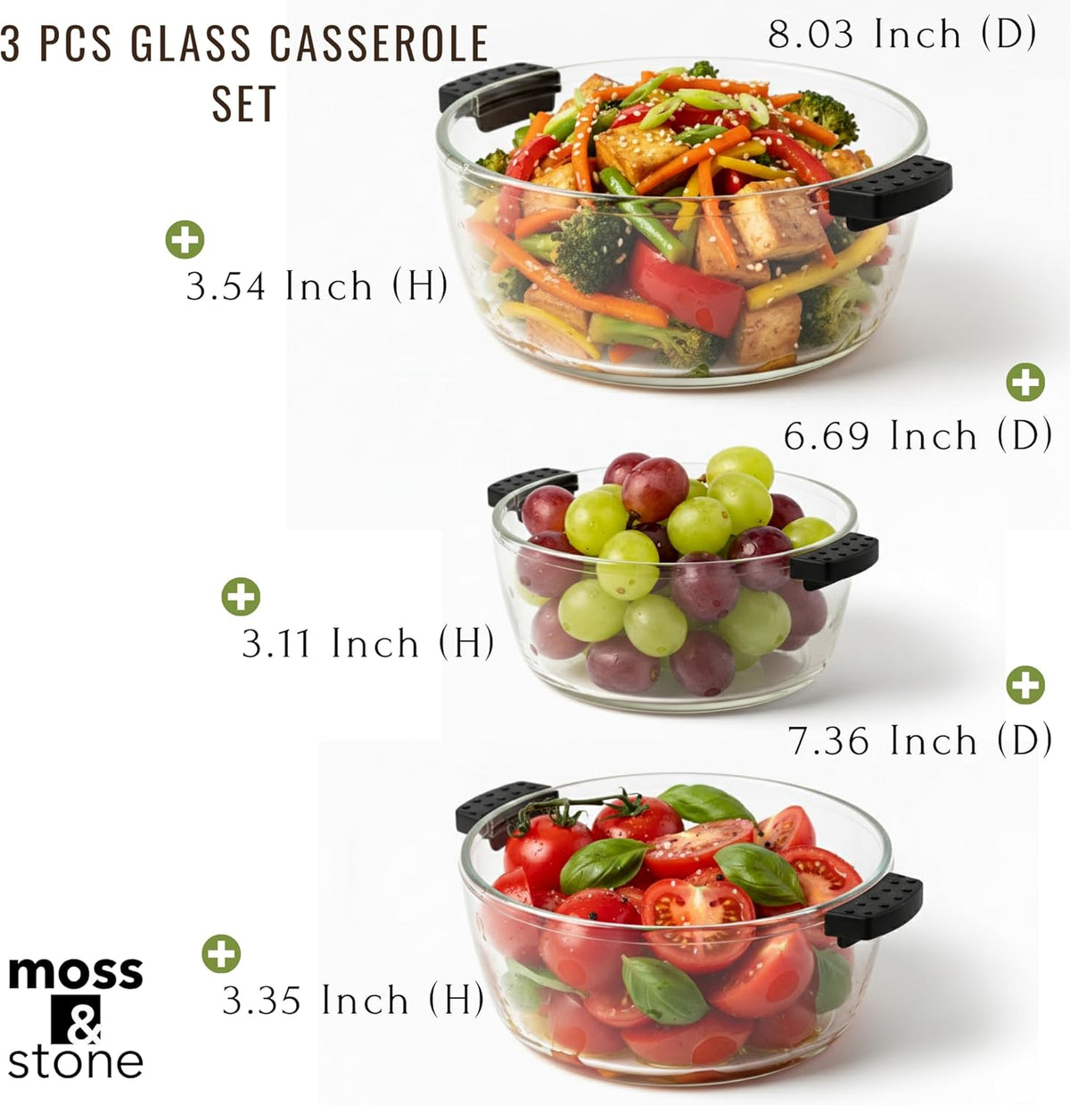 Moss & Stone 6-Piece Borosilicate Glass Casserole Set with Durable Plastic Lids – 2.6/1.5/1 Qt Oven & Microwave Safe Glass Baking Dishes for Cooking, Serving & Kitchen Storage