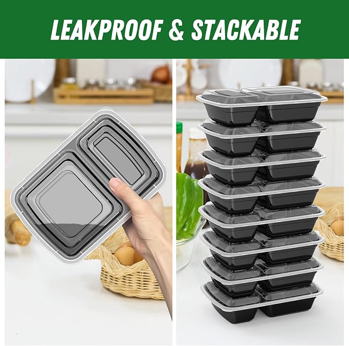 Dealusy 50 Pack (100-Piece) 28 oz Meal Prep Containers Reusable with Lids 2-Compartment, Sturdy Leakproof Food Safe, Microwave Freezer Dishwasher Safe, To Go Take Out Plastic Food Storage, Black
