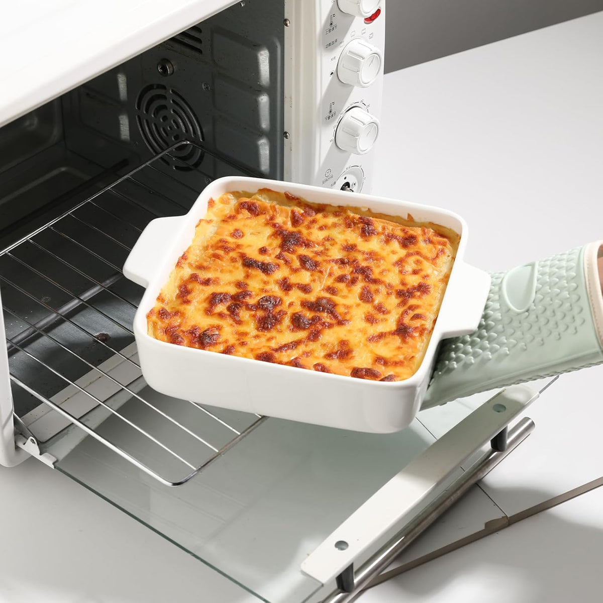 Sweejar Ceramic Baking Dish, 8 x 8 Cake Baking Pan for Brownie, Porcelain Square Bakeware with Double Handle for Casserole, Lasagna, Family Dinner (White)
