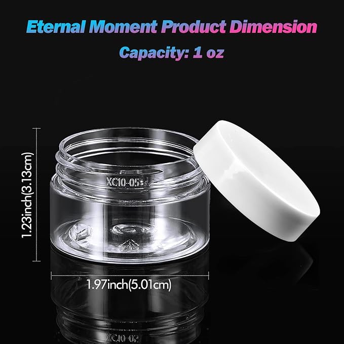 50 Pack 1 OZ Plastic Jars Round Clear Cosmetic Container Jar with White Lids, Eternal Moment Plastic Slime Jars for Lotion, Cream, Ointments, Makeup, Eye shadow, Rhinestone, Samples, Travel Storage