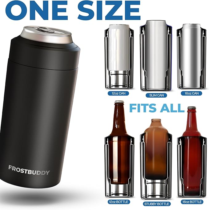 Frost Buddy Universal Can Cooler - Fits all - Stainless Steel Can Cooler for 12 oz & 16 oz Regular or Slim Cans & Bottles - Stainless Steel (Silver Sleigh)