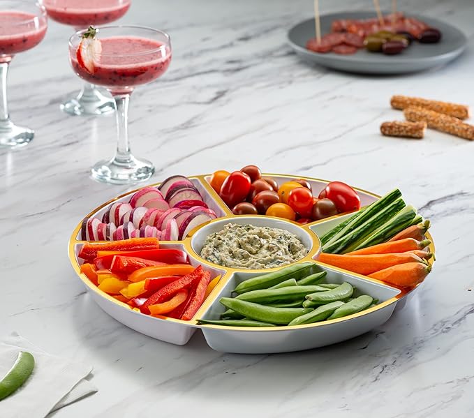 Plasticpro 6 Sectional Round Plastic Serving Tray/Platter (8, White & Gold)