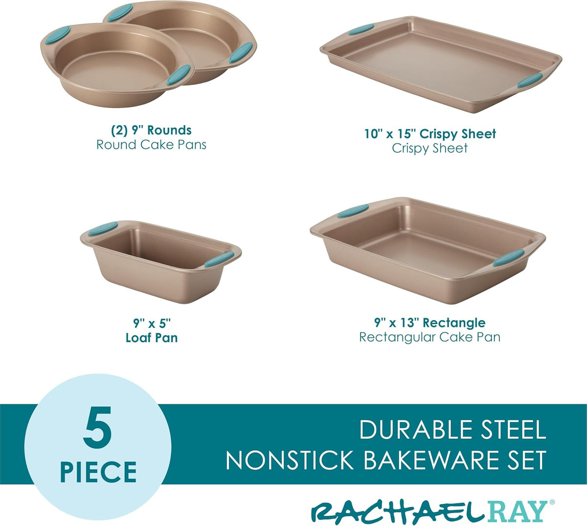 Rachael Ray Cucina Bakeware Set Includes Nonstick Bread Baking Cookie Sheet and Cake Pans, 5 Piece, Latte Brown with Agave Blue Grips