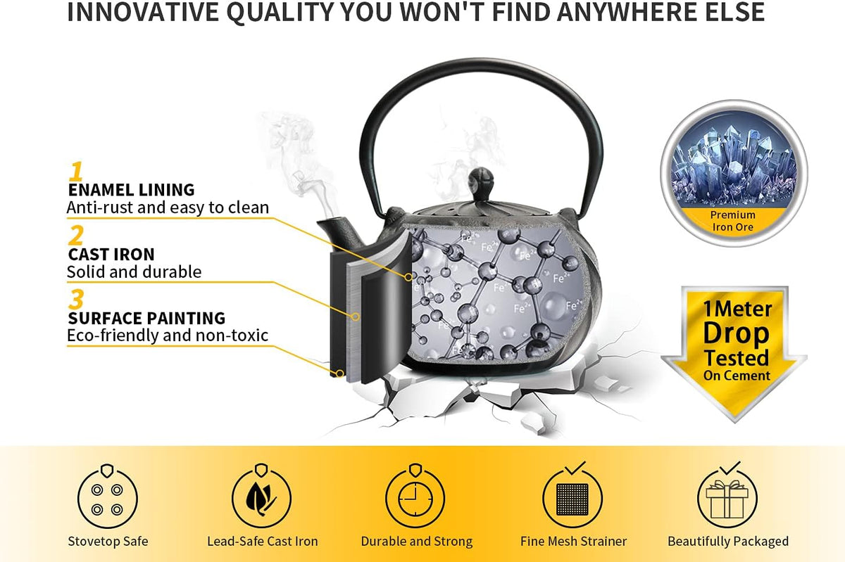 Stovetop Tea Kettle, TOPTIER Japanese Cast Iron Tea Kettle with Infuser for Loose Leaf and Tea Bags, Cast Iron Teakettle Coated with Enameled Interior for 40 oz (1200 ml), Midnight Black