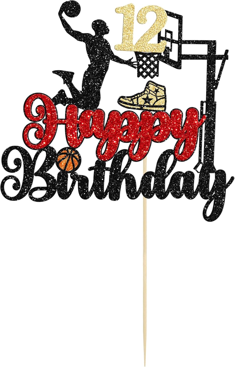 1Pc Happy 12th Birthday Basketball Cake Topper Glitter Basketball Sports Cake Pick Cheers to 12 Years Birthday Cake Decoration for 12th Sports Party Supplies Black