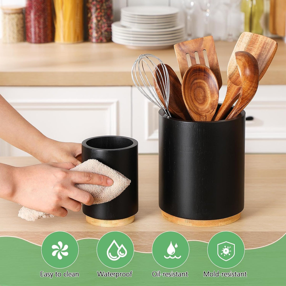 2 Pack Wooden Utensil Holder, 360°Rotating Kitchen Cooking Utensil Crock, Spoon Spatula Holder for Kitchen Counter, Farmhouse Countertop Organizer(Black,Round)