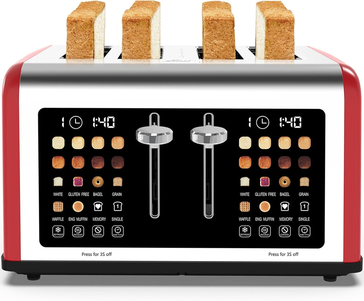 4 Slice Toaster Touch Screen, Stainless Steel Toasters Digital Timer, Dual Control Panel Toasters, 8 Shade Settings 6 Bread Types for Bagel, Cancel, Defrost 1650W Red
