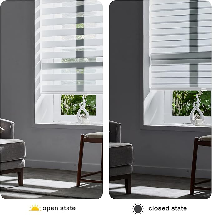 Persilux Cordless Zebra Blinds for Windows Free-Stop Roller Windows Shades (36" W X 47" H, White) Dual Layer Light Control for Day and Night, Light Filtering Sheer Shades for Home, Bedroom