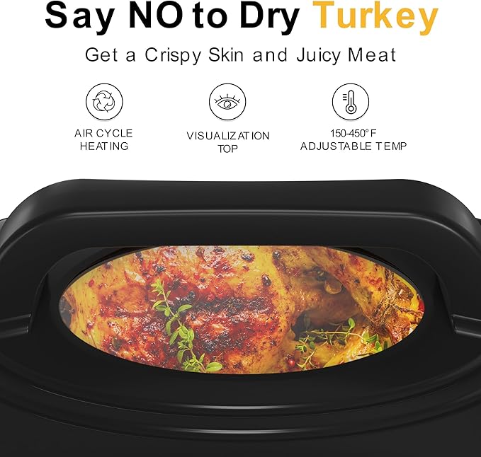 26Qt Turkey Roaster Oven Buffet with Self-Basting Lid, 1450W Stainless Steel Electric Roaster Oven with Cool-Touch Handles, Removable Pan and Rack, White