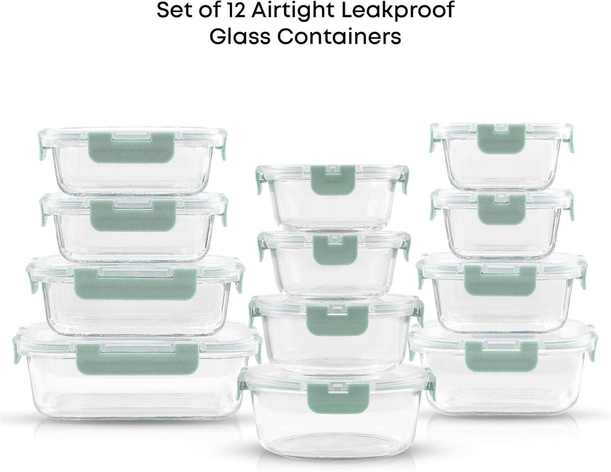JoyJolt 24pc Borosilicate Glass Storage Containers with Lids | 12 Airtight/Freezer Safe Food Storage Containers for Pantry and Kitchen | Meal Prep Container for Lunch | Glass meal Set