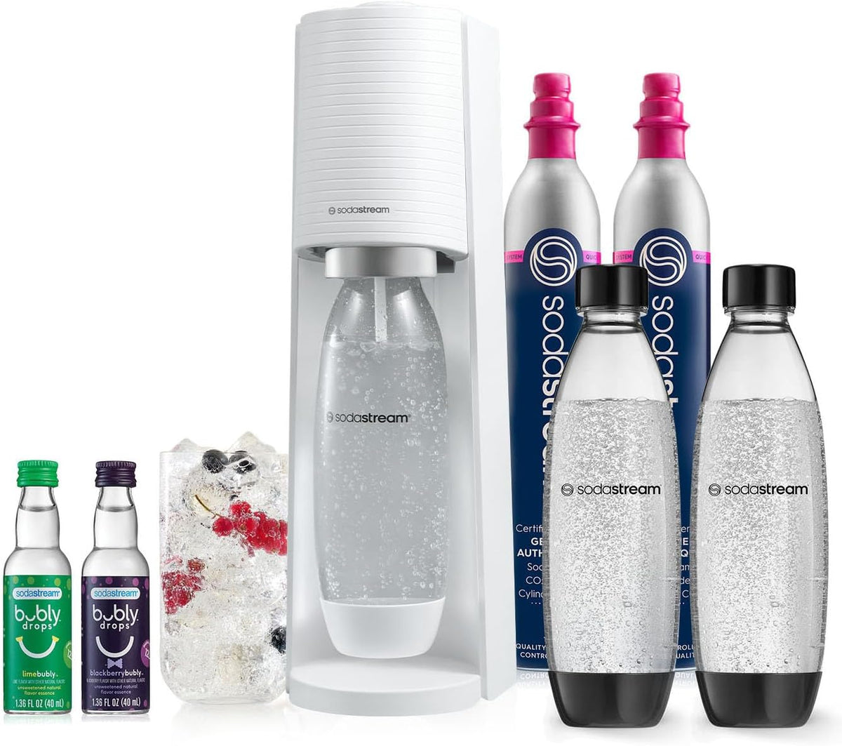 SodaStream Terra Sparkling Water Maker Bundle (White), with CO2, DWS Bottles, and Bubly Drops Flavors