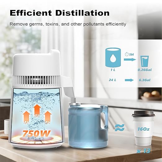ROVSUN【Upgraded】 1.6 Gallon/6L Water Distiller with Flame-Retardant Material, BPA-Free Container & Stainless Steel Interior, Home Distilled Water Machine Maker Countertop Distilling Water Purifier