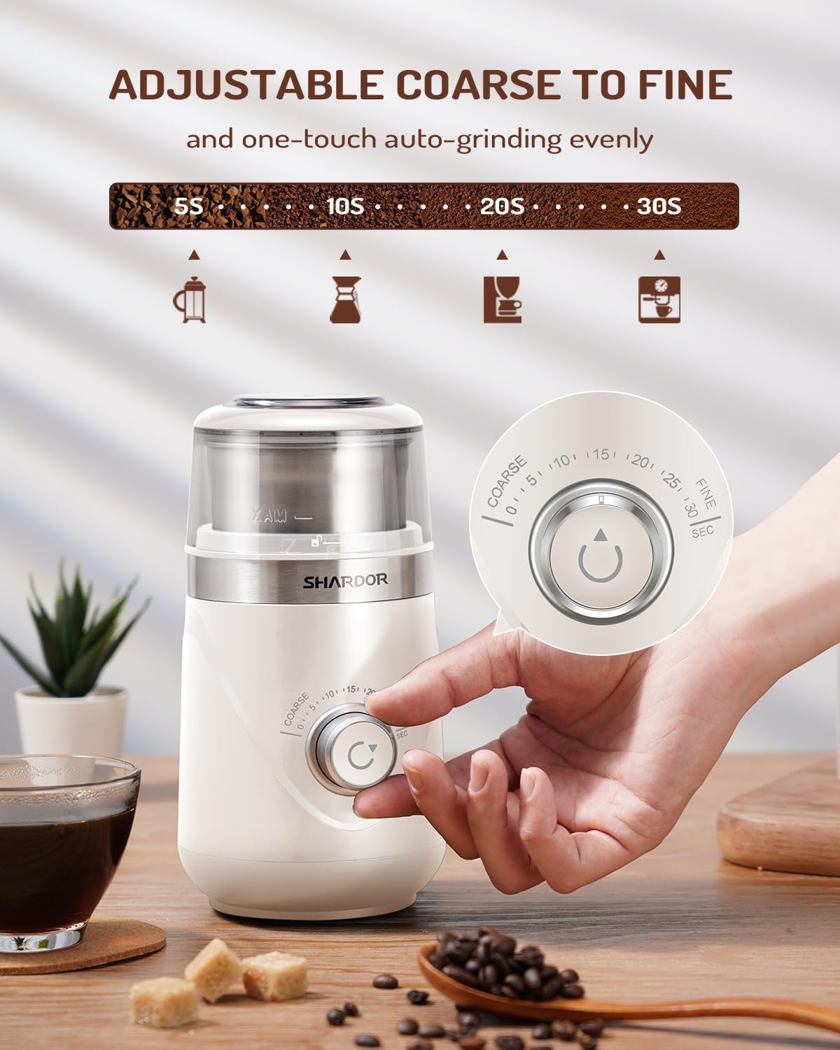 SHARDOR Electric Super Silent Blade Coffee Grinder, Timed Grind Control Rotary Knob, Adjustable Coarse to Fine for Coffee Beans, Spices & Herbs, with 1 Removable Stainless Steel Bowl, Cream