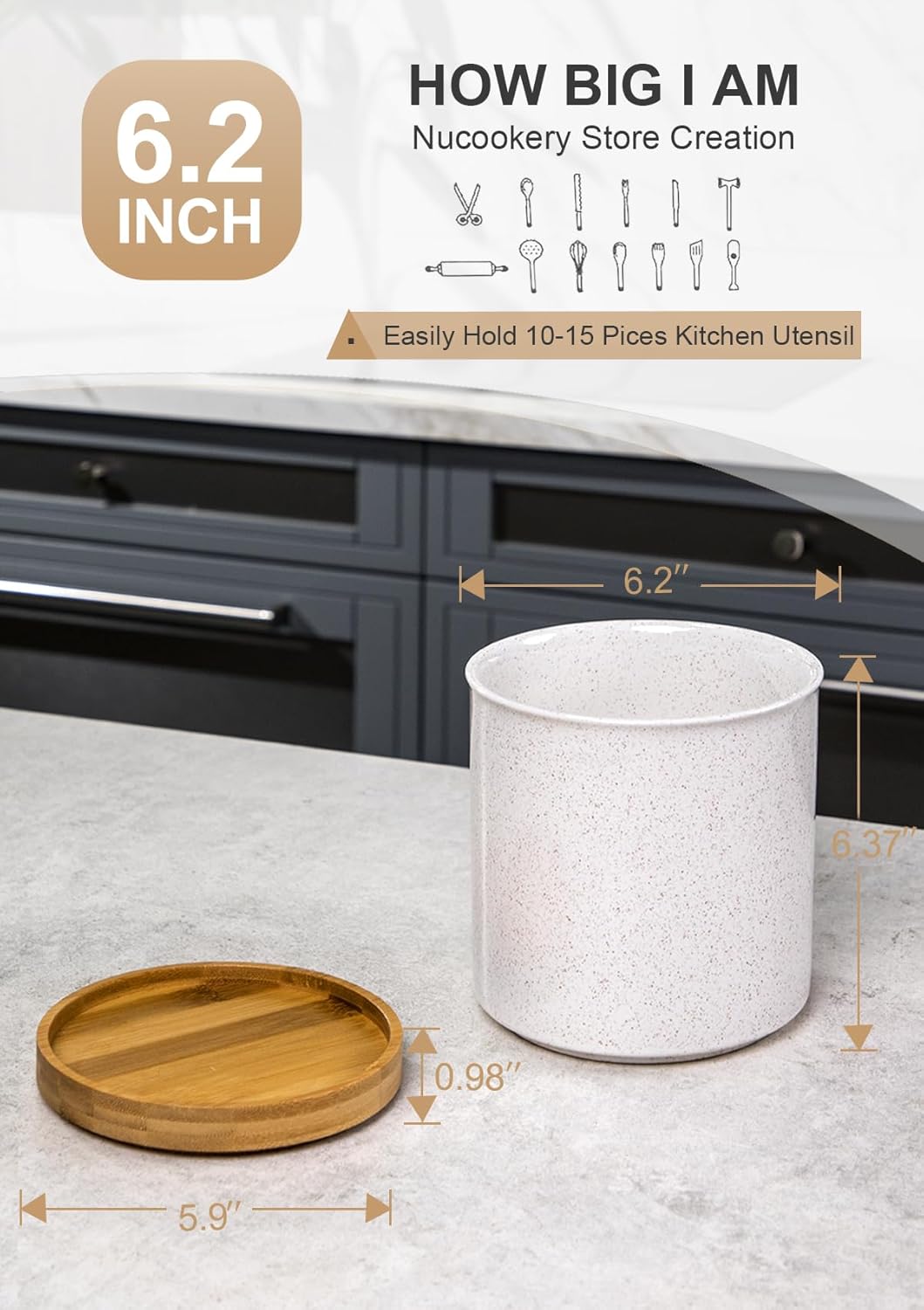 Nucookery 360°Rotating Utensil Holder, 7.2" Large Utensil Crock, Ceramic Cooking Utensil Organizer with Countertop-Protection Cork Bottom for Farmhouse Kitchen Decor Christmas Thanksgiving Gift (Sand)