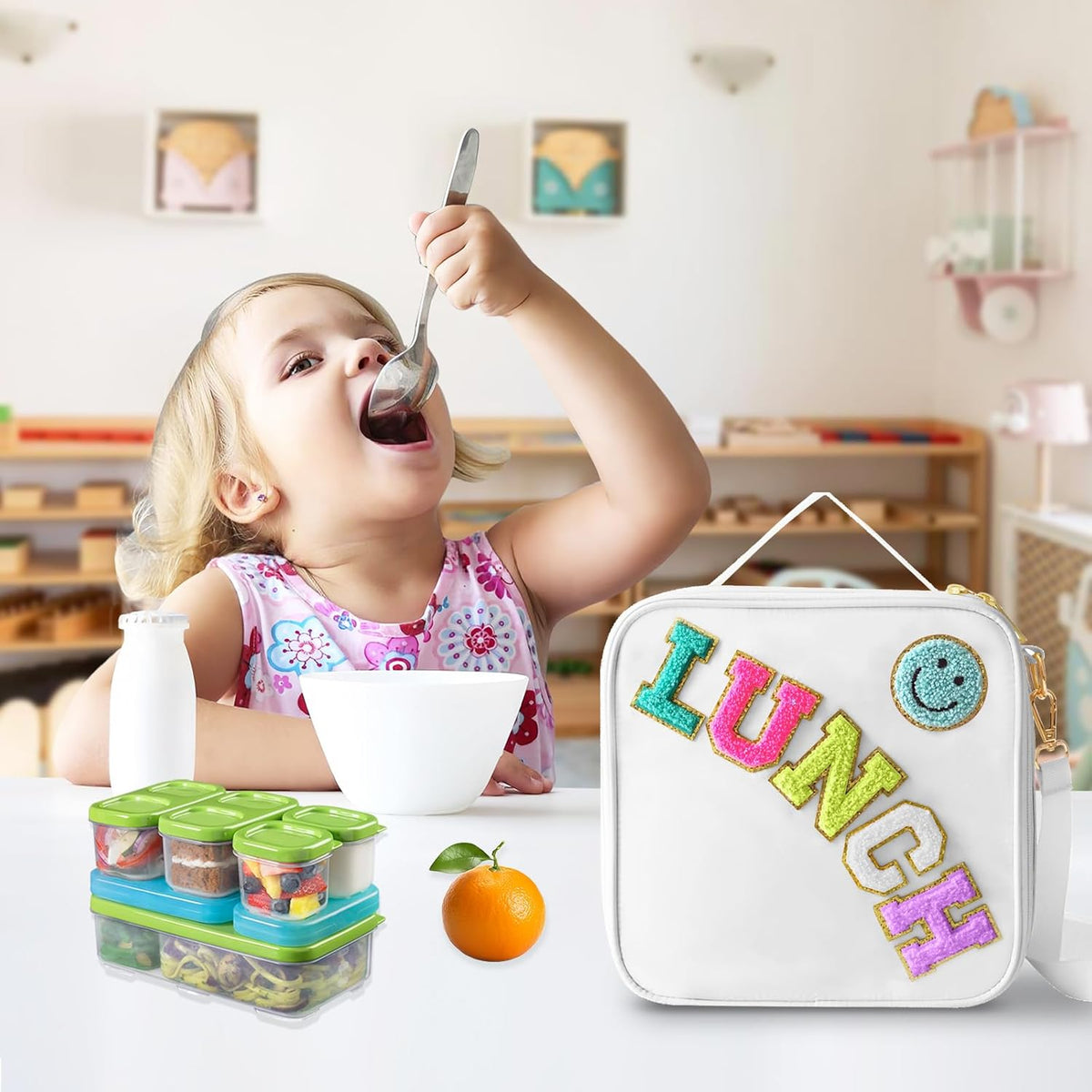 Insulated Lunch Bag With Adjustable Shoulder Strap, Nylon Preppy Lunch Box Large Insulated Lunch Bag Reusable Lunch Tote Bag with Smiley Preppy LunchBag for Girls School Travel Picnic (White)