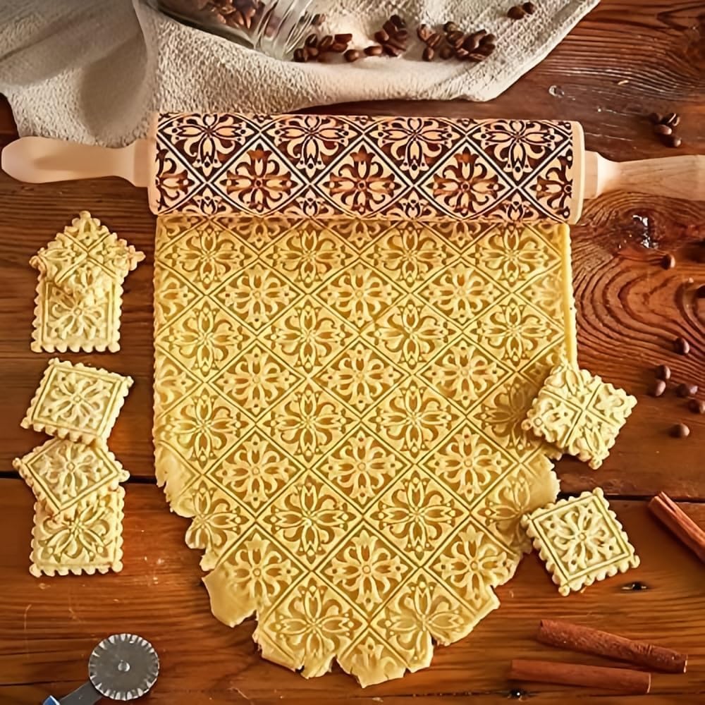 Christmas Wooden Rolling Pin for Baking,Engraved Embossing Rolling Pin Cookie Stamps Roller Square Grid Cookies Mold Kitchen Decor Tools for Kids Adults(Flower Window)