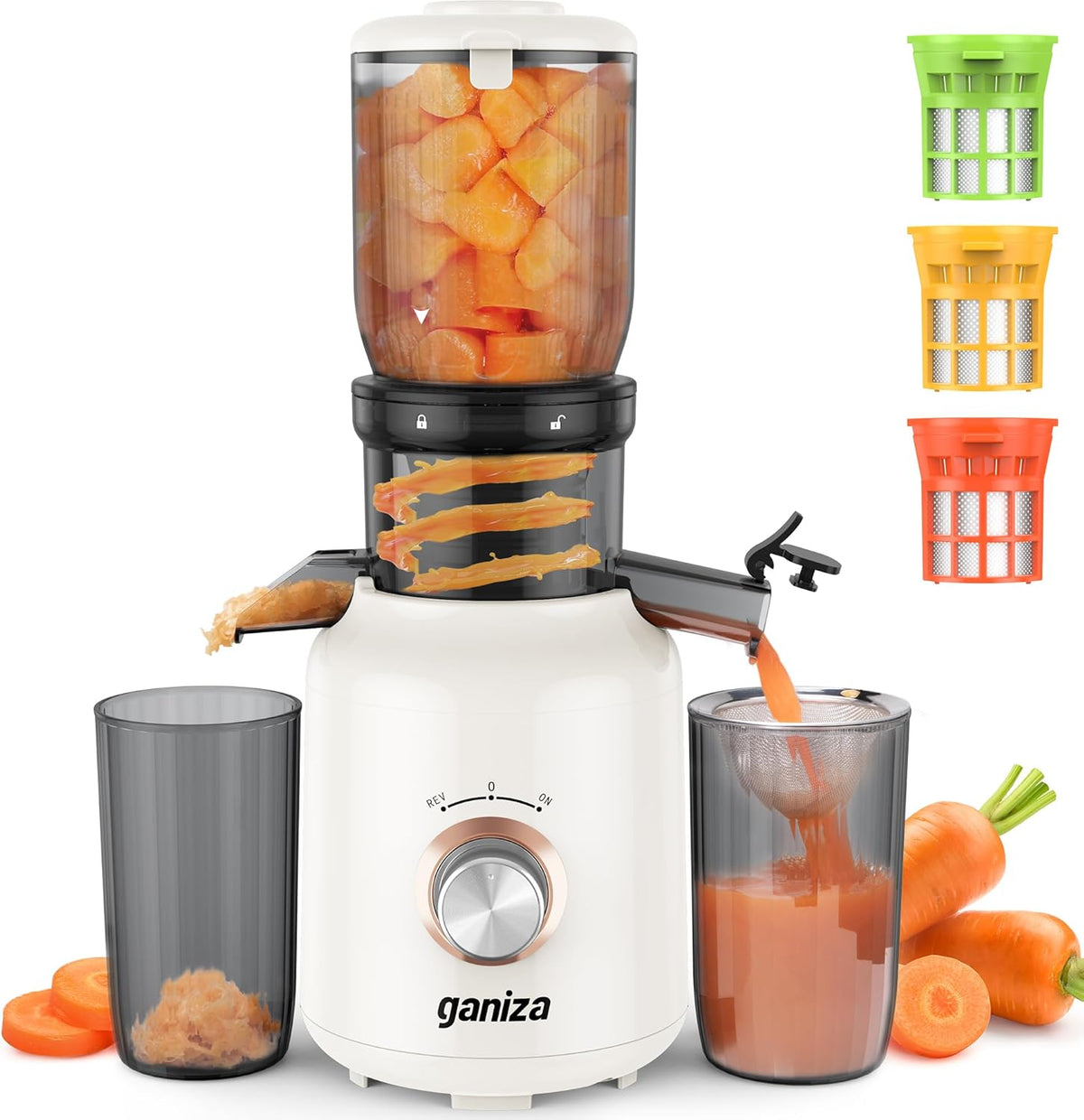 Ganiza Juicer Machines, Cold Press Juicer with 4.3" Large Feed Chute for Whole Fruits & Vegetables, Slow Masticating juicers with 3 Replace Filters for Batch Juicing, Easy to Clean, BPA Free (White)