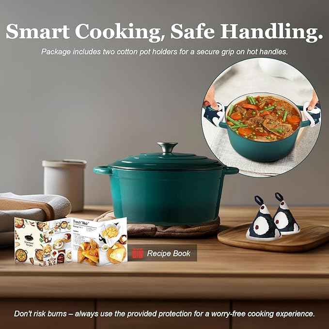 Overmont Enameled Cast Iron Dutch Oven - 5.5QT Pot with Lid Cookbook & Cotton Potholders - Heavy-Duty Cookware for Braising, Stews, Roasting, Bread Baking bottle green
