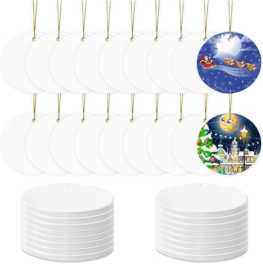 Sublimation Ceramic Ornaments - Bulk Ceramic Discs for Heat Press Printing - White Round Porcelain Personalized Xmas Tree Keepsake Crafts Gift - 48pc