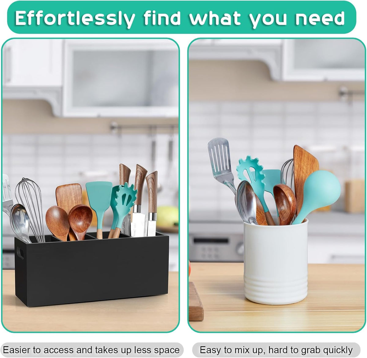 ALELION Large Utensil Holder with Removable Divider - 4 Compartment Wooden Utensil Caddy Organizer for Kitchen Counter - Black Cooking Utensil Crock for Countertop