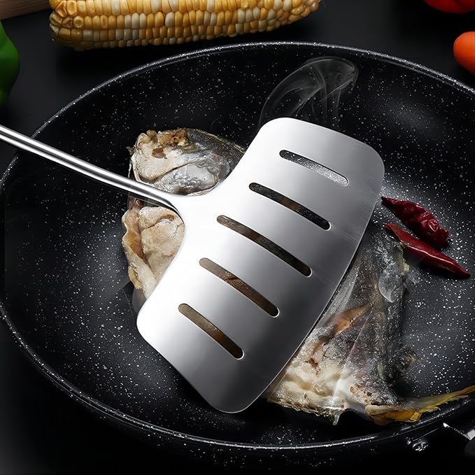 GREATLINK 304 Stainless Steel Fish Spatula,Wide Slotted Turner Steak Spatula With Heat Resistant Long Handle,Professional Kitchen Slotted Cooking Turner for Cooking or Baking