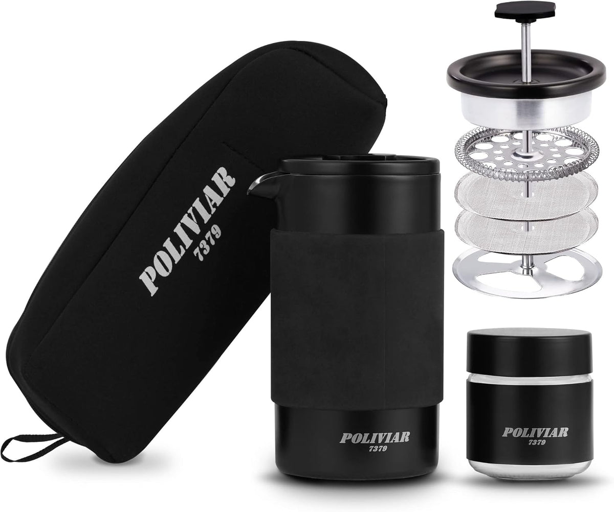 POLIVIAR French Press Coffee Maker, 12 oz Portable French Press with Mini Canister and Collection Bag, Double Wall Insulation & Dual- Filter Screen, Food Grade Stainless Steel for Coffee