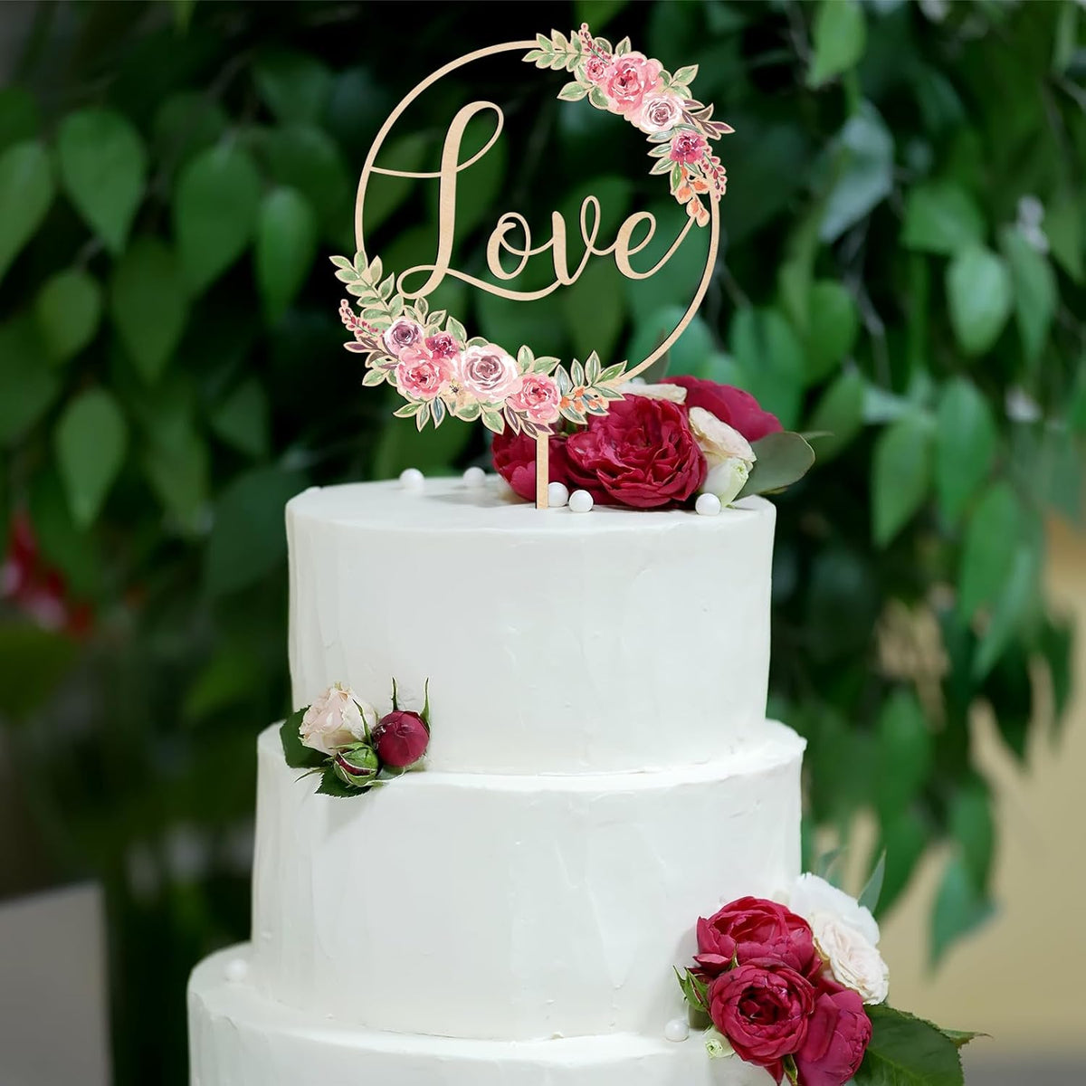 Love Wedding Cake Topper Floral Wedding Engagement Cake Decoration in Wood (Design 01)