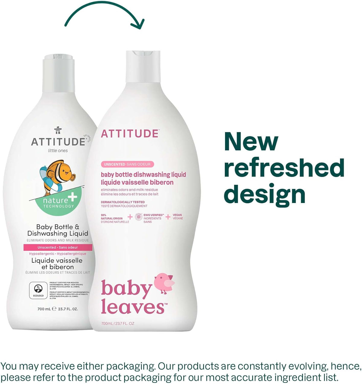 ATTITUDE Baby Dish Soap and Bottle Cleaner, EWG Verified Dishwashing Liquid, No Added Dyes or Fragrances, Tough on Milk Residue and Grease, Vegan, Unscented, 23.7 Fl Oz