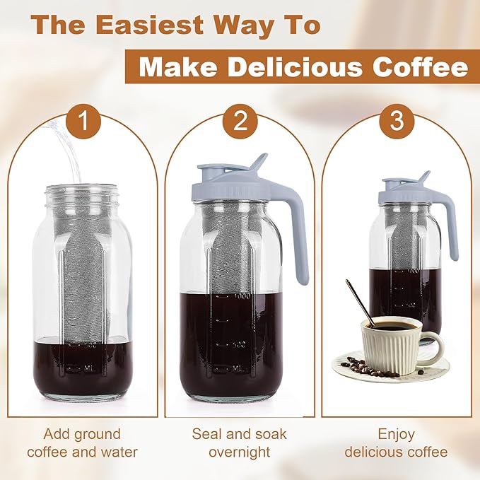 Cold Brew Coffee Maker,64 oz Mason Jar Pitcher with Stainless Steel Filter, Pour Spout Handle Lid, Heavy Duty Glass Airtight & Leak-Proof Pitcher for iced coffee Tea Lemonade-Gray