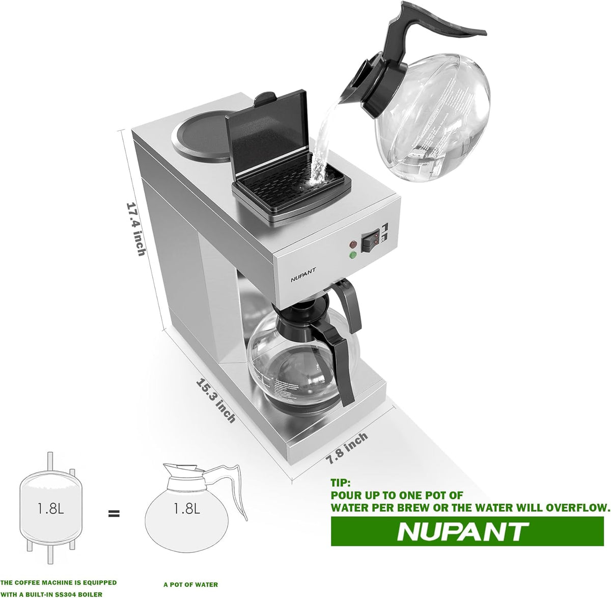 12-Cup Coffee Maker 1.8L Commercial Drip Coffee Maker Pour Over Coffee Machines with 2 Glass Carafes and 2 Warmers Plate Stainless Steel Coffee Brewer for Cofe Bar and Restaurant