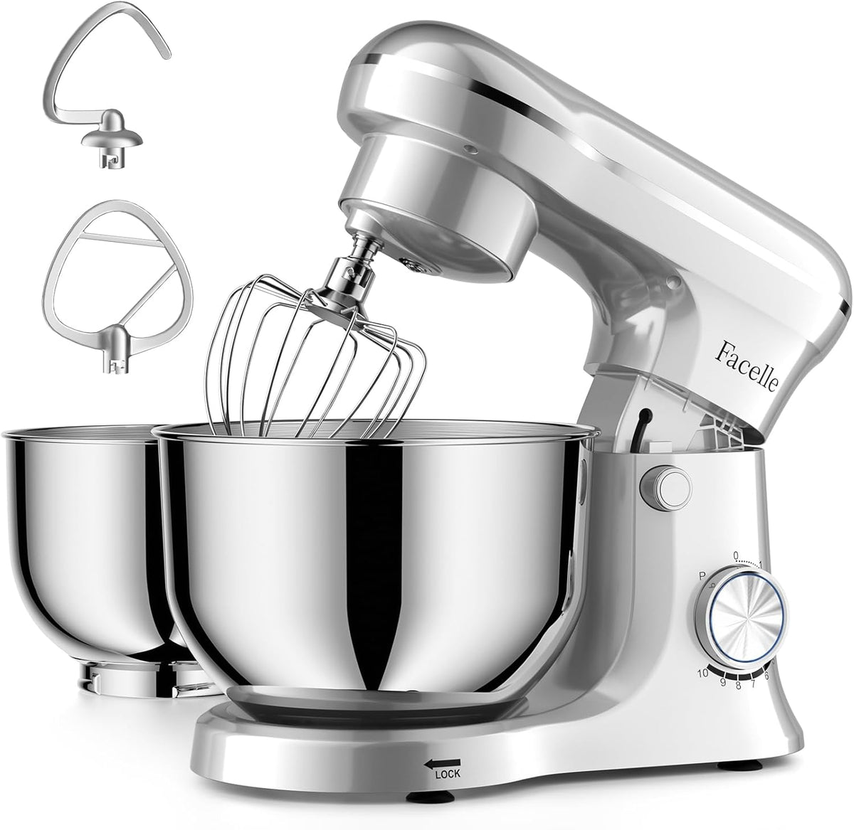 Facelle Tilt-Head Stand Mixer, 5QT+6QT Stainless Steel Two Bowls, 10 Speeds Kitchen Electric Food Mixer with Egg Whisk, Dough Hook, Beater, Dishwasher-Safe Attachment, Ideal Gift for Mom