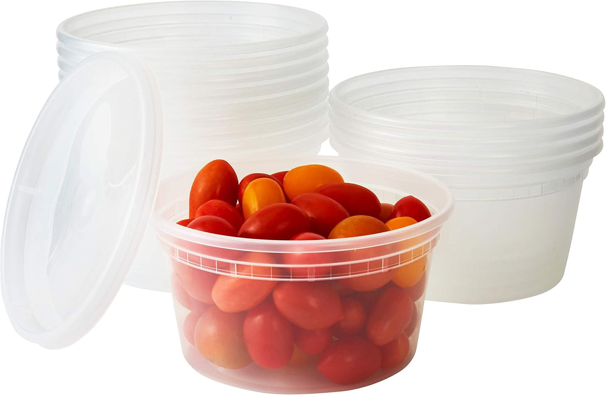 Deli Grade BPA-Free 12oz Plastic Containers with Lids, 24ct. Leakproof Microwavable Portion Container for To-Go Orders, Food Prep and Storage. Reusable Takeout Cups for Restaurant Cafe and Catering.