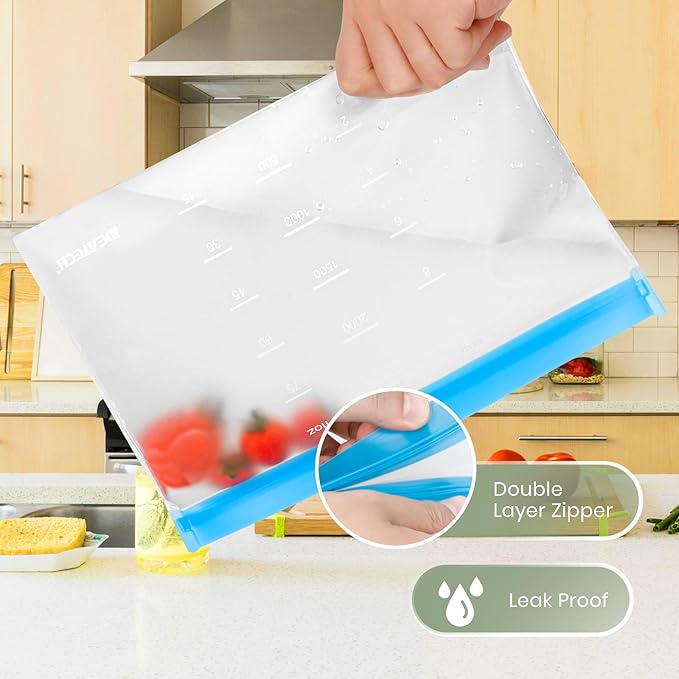 IDEATECH Reusable Sandwich Bags Gallon Freezer Bags Leakproof & Dishwasher Safe - Silicone Bag for Food Ftorage Stand Up for Meal Prep, Travel, Washable (6 Gallon + 6 Sandwich + 8 Snack)