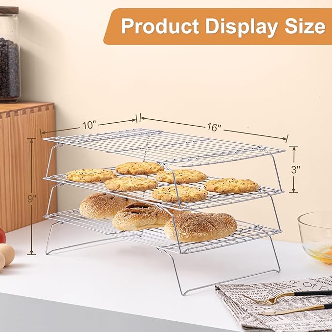 Cooling Rack for Baking 3 Tiers, 16" x 10" Cookie Cooling Wire Rack Stackable Collapsible Nonstick, Stainless Steel Baking Cooking Cooling Racks with Optimum Air Flow, Silver