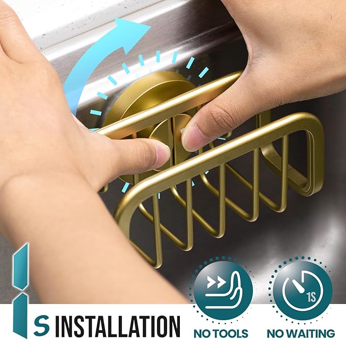 TAILI Sponge Holder for Kitchen Sink with Strong Suction Cup, Rustproof Aluminum Sink Caddy for Sponges, Removable Sponge Holder, Dish Brush for Scraper - Gold