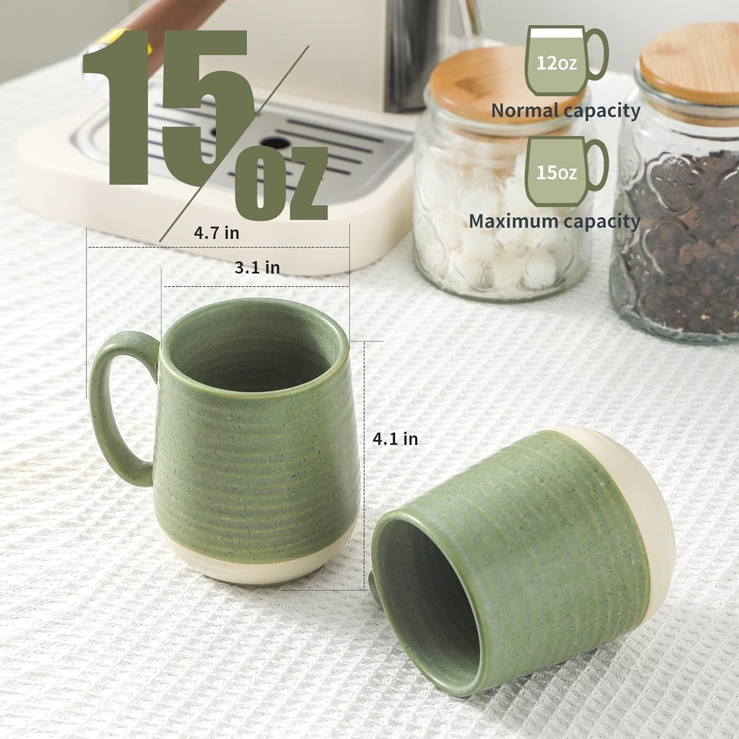 Hasense Porcelain Coffee Mugs Set of 4, 15 Oz Large Coffee Cups, Latte Cup with Handle, Tea Mugs for Men and Women, Modern Coffee Mug for Cappuccino, Milk, Cocoa, Microwave & Dishwasher Safe, Green