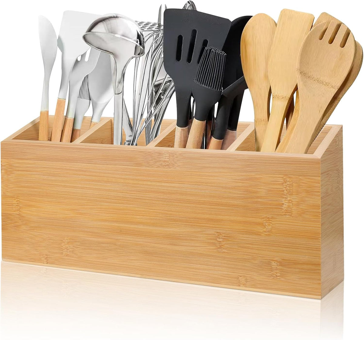 Wingsife Utensils Holder with 4 Compartments, Bamboo Utensil Organizer for Kitchen Countertop, Silverware Caddy Cutlery Holder for Flatware Fork Spoon Spatula, Cooking Utensil (Classic)