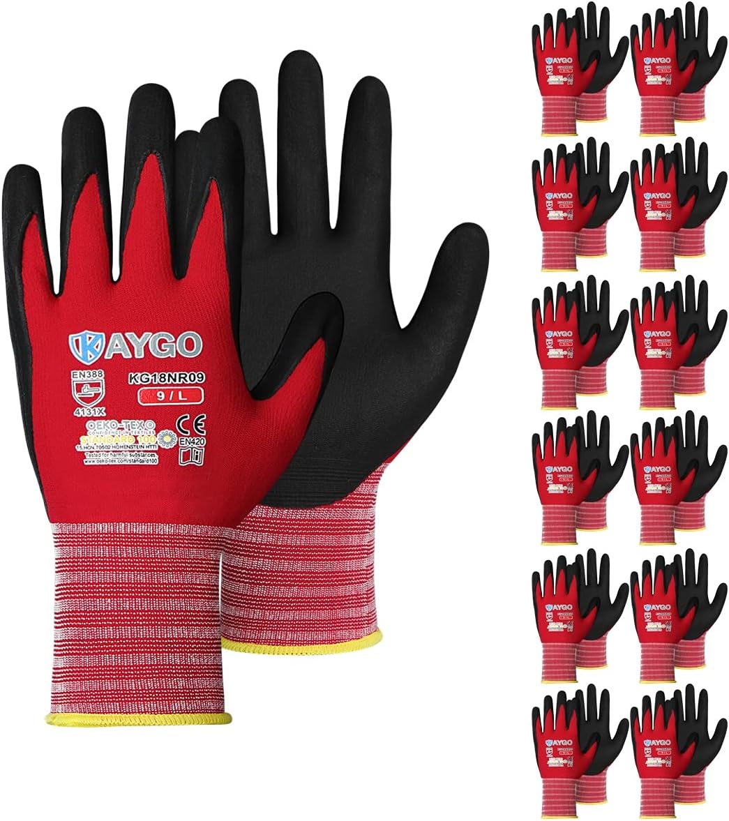 KAYGO Safety Work Gloves MicroFoam Nitrile Coated, 12 Pairs KG18NB,Seamless Knit Nylon Glove for Men and Women, Ideal for Automotive,Warehouse,Construction (L, Purple)