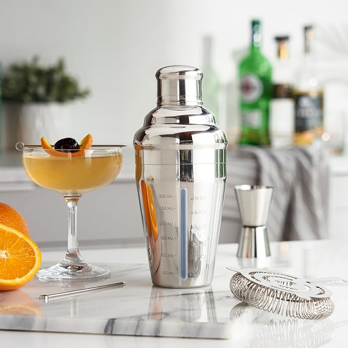 True Vista Stainless Steel Cocktail Shaker with Measurements for Cold Brew Cocktails, Whiskey Sour, Espresso Martini Shaker, Home Bar Essentials, Bar Cart Accessories, Bartender Gifts, 14oz, Set of 1